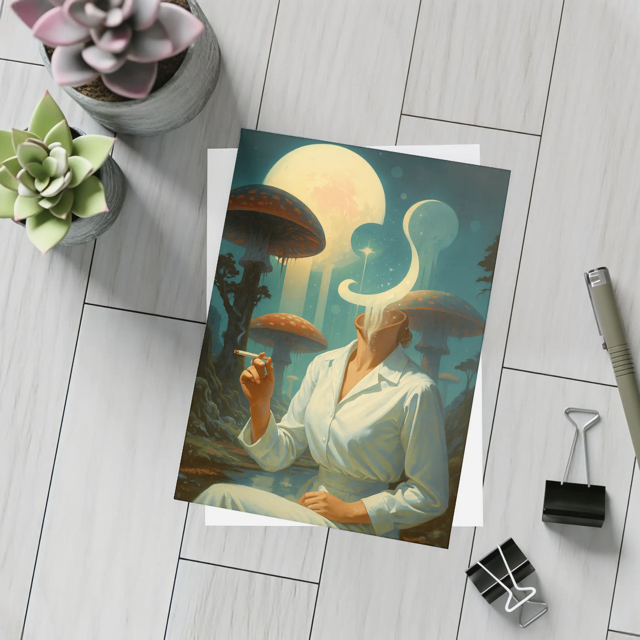 Surreal Woman Smoking Giant Mushroom Forest – Postcards