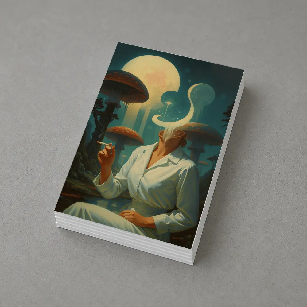 Surreal Woman Smoking Giant Mushroom Forest – Postcards