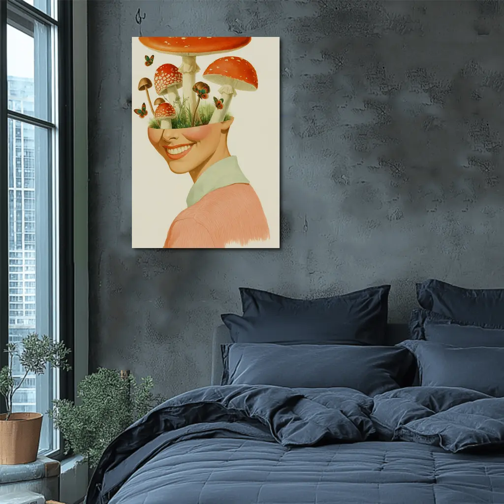 Smiling Woman Mushroom Head Collage Art – Wall Art
