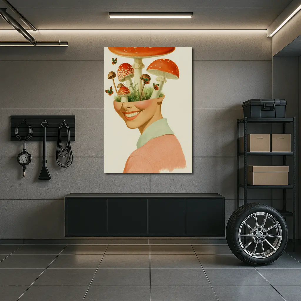 Smiling Woman Mushroom Head Collage Art – Wall Art