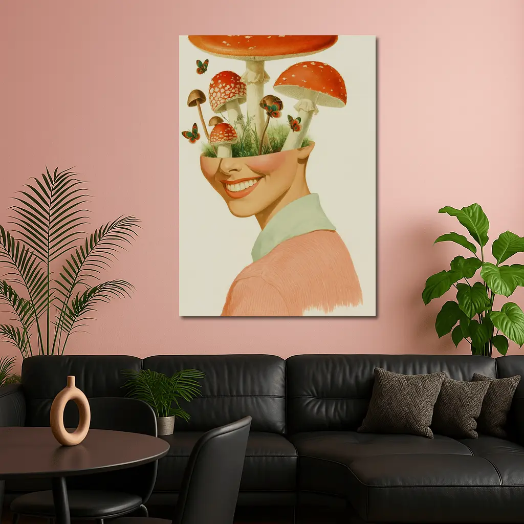Smiling Woman Mushroom Head Collage Art – Wall Art
