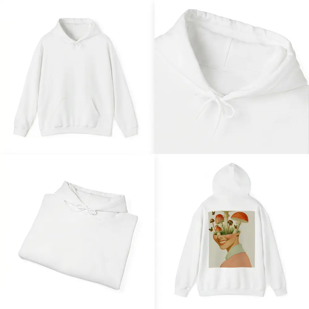Smiling Woman Mushroom Head Collage Art – Hoodies