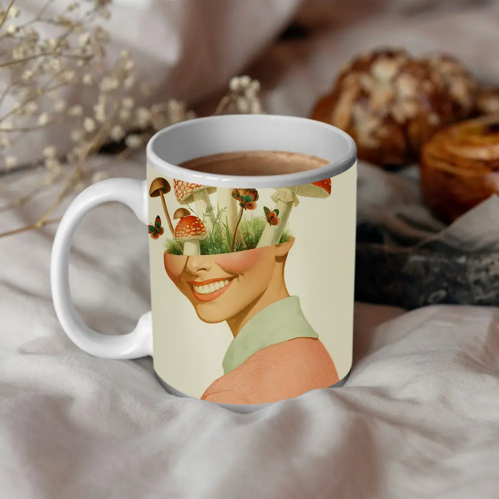 Smiling Woman Mushroom Head Collage Art – Mugs