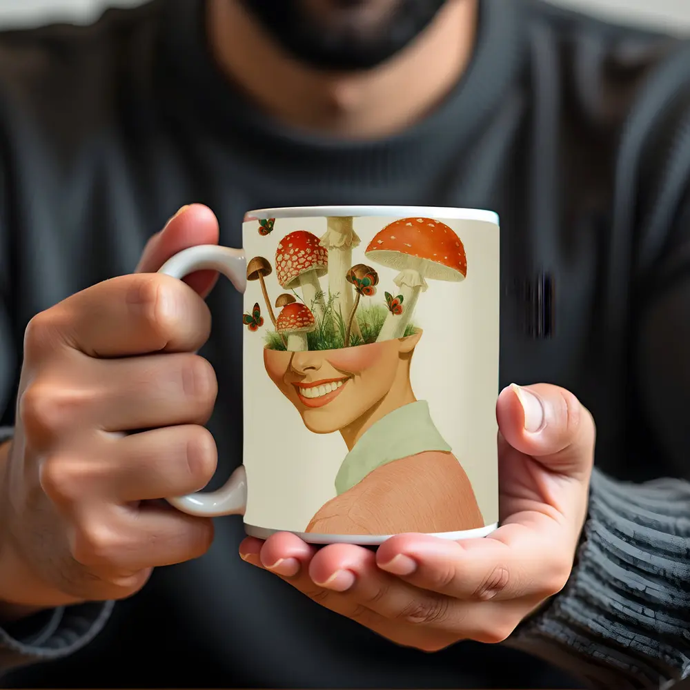 Smiling Woman Mushroom Head Collage Art – Mugs