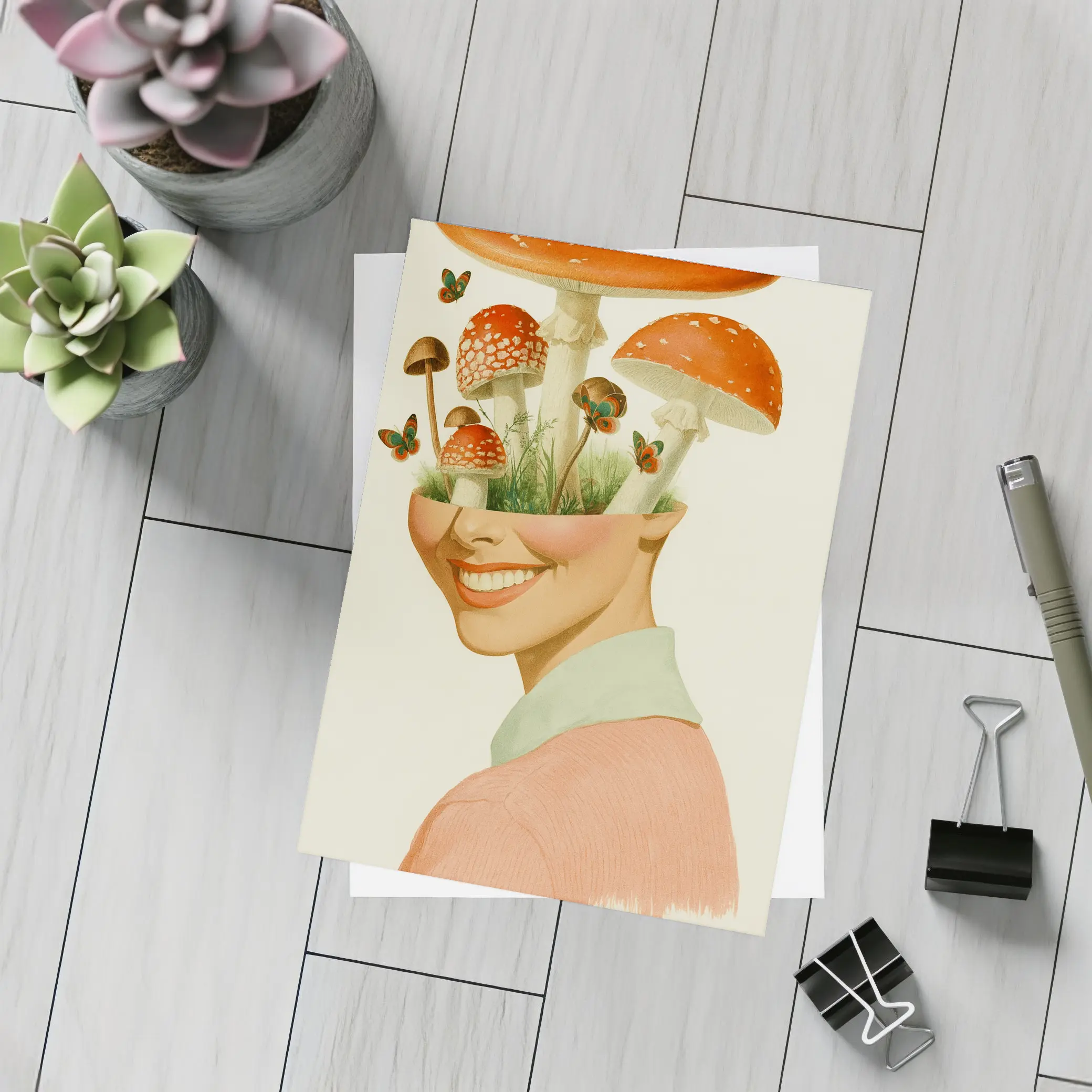 Smiling Woman Mushroom Head Collage Art – Postcards