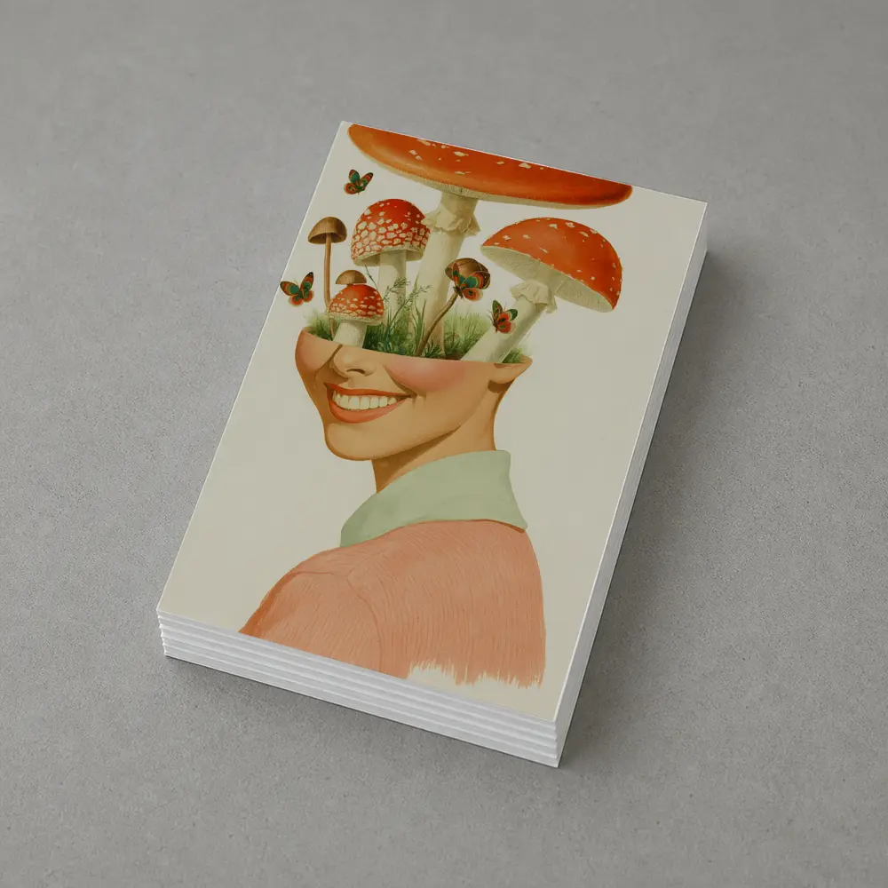 Smiling Woman Mushroom Head Collage Art – Postcards
