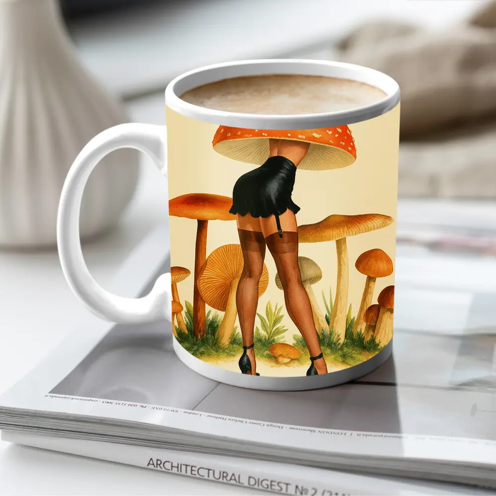 Mushroom Head Pin Up Woman Retro Art – Mugs