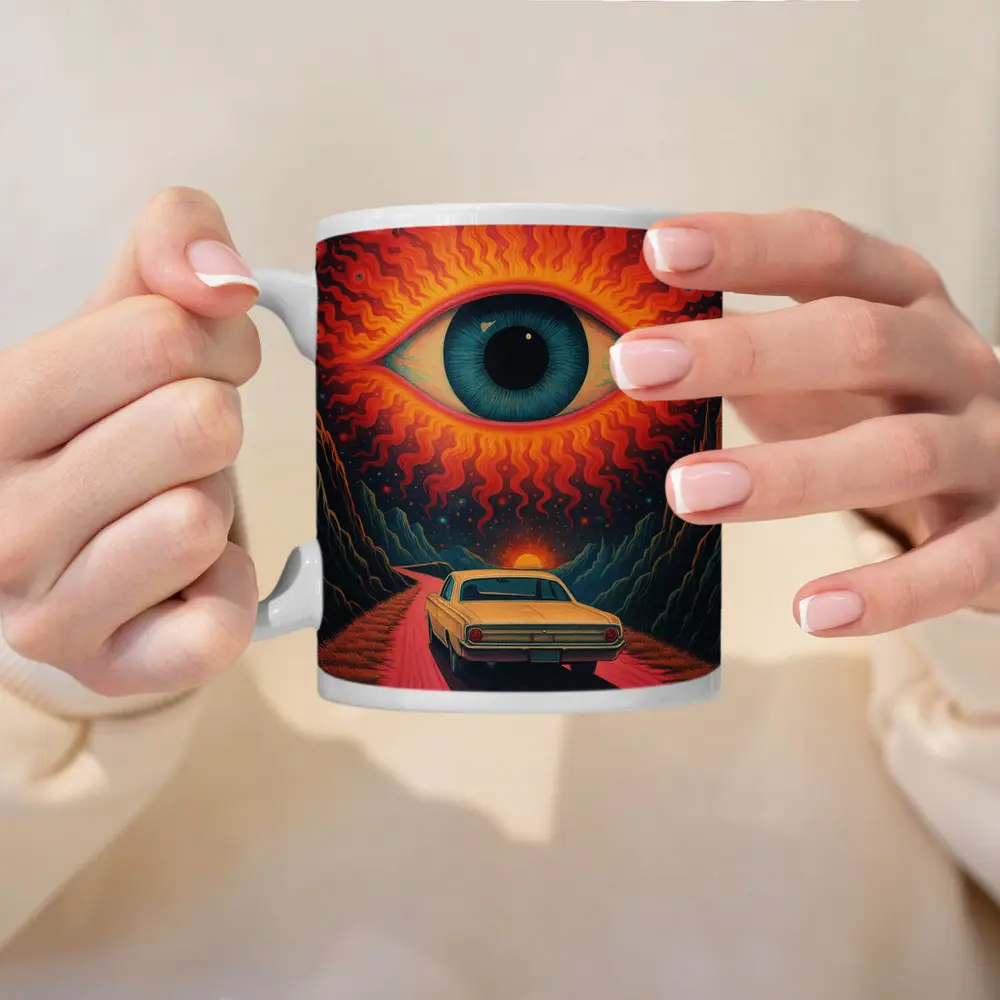 Psychedelic Eye Classic Car Desert Road – Mugs