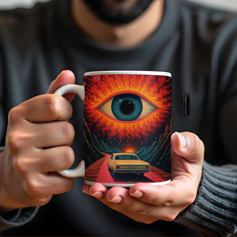 Psychedelic Eye Classic Car Desert Road – Mugs