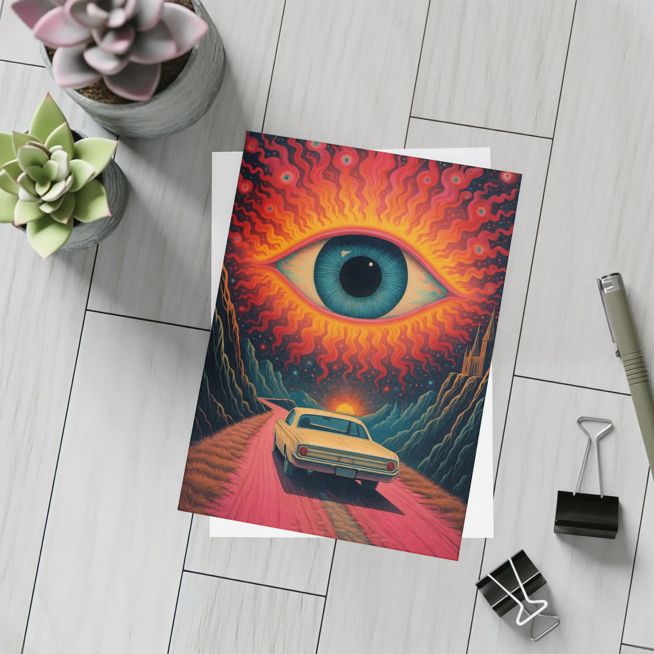 Psychedelic Eye Classic Car Desert Road – Postcards