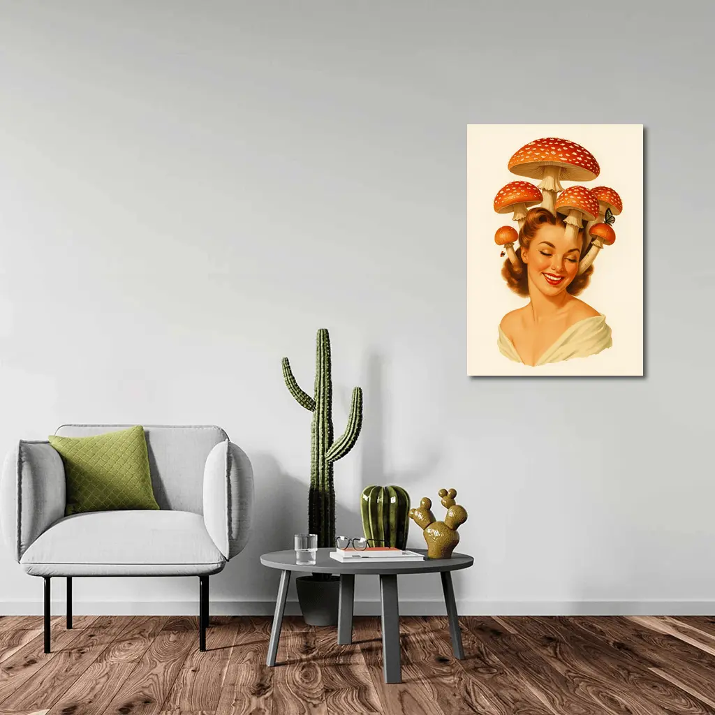 Retro Pin Up Woman Mushroom Hat Art – Wall Art