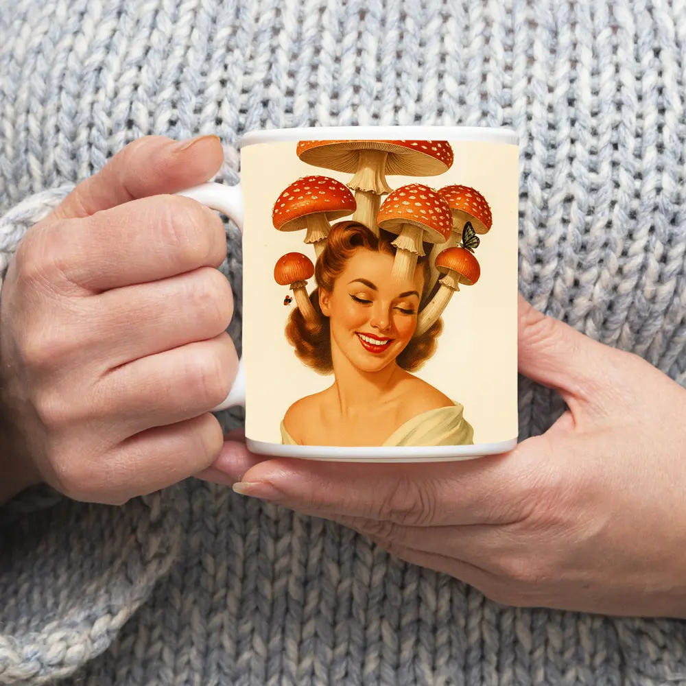 Retro Pin Up Woman Mushroom Hat Art – Mugs