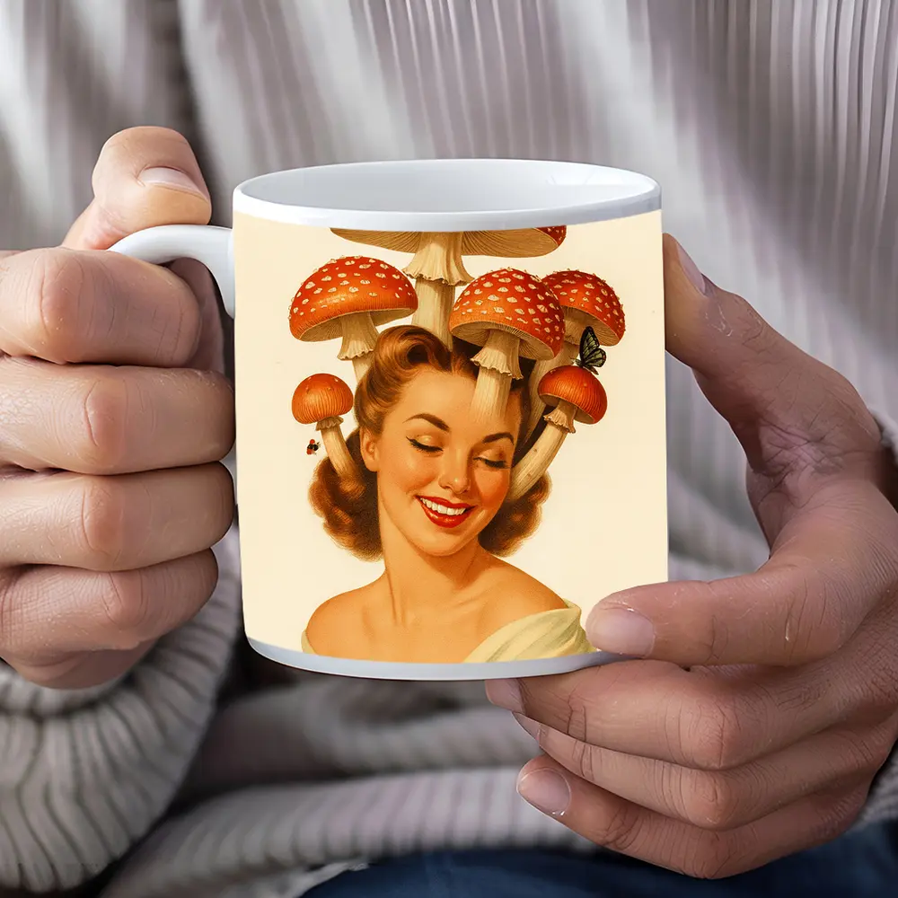 Retro Pin Up Woman Mushroom Hat Art – Mugs
