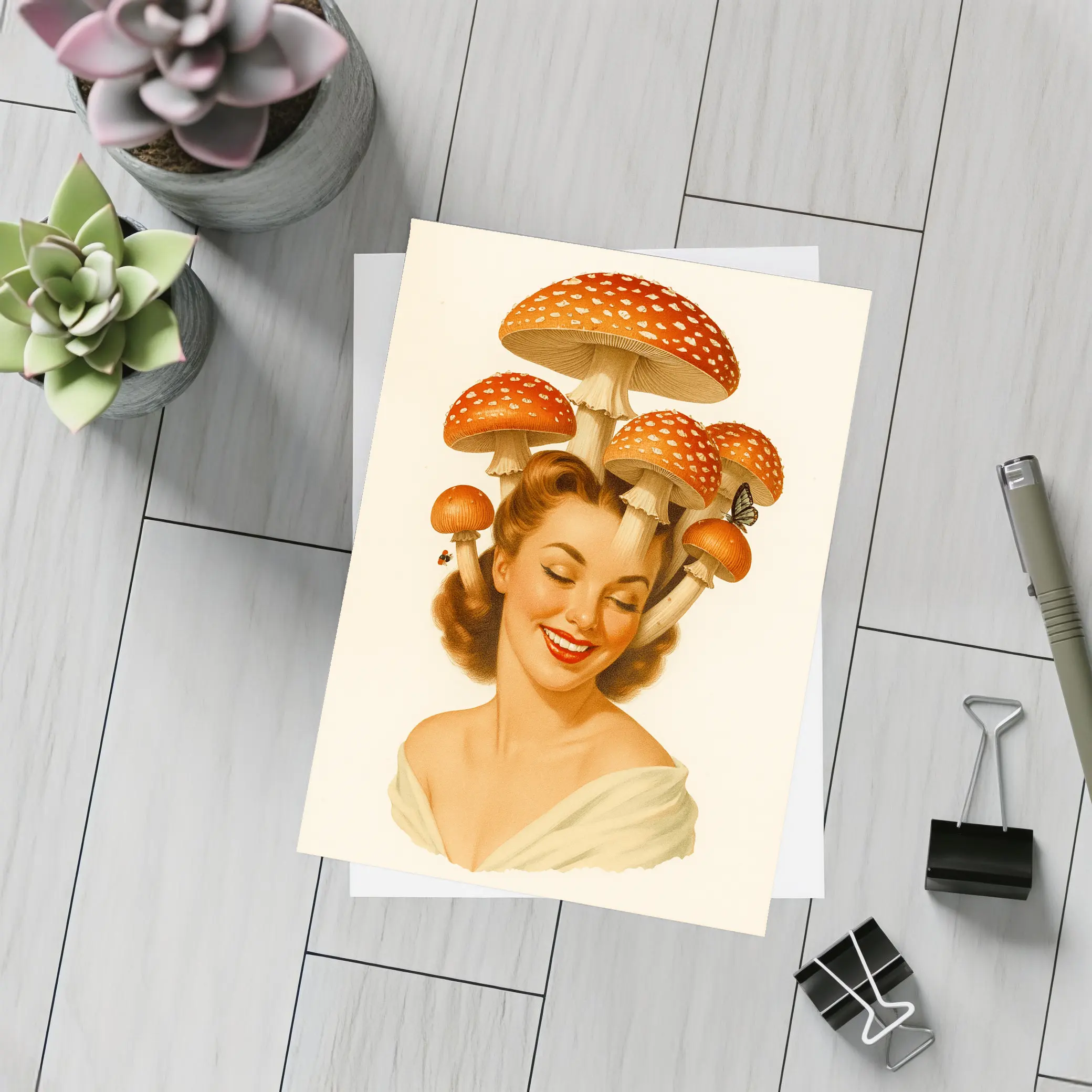 Retro Pin Up Woman Mushroom Hat Art – Postcards