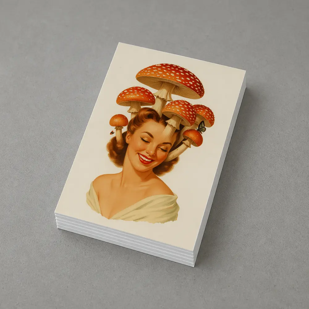 Retro Pin Up Woman Mushroom Hat Art – Postcards