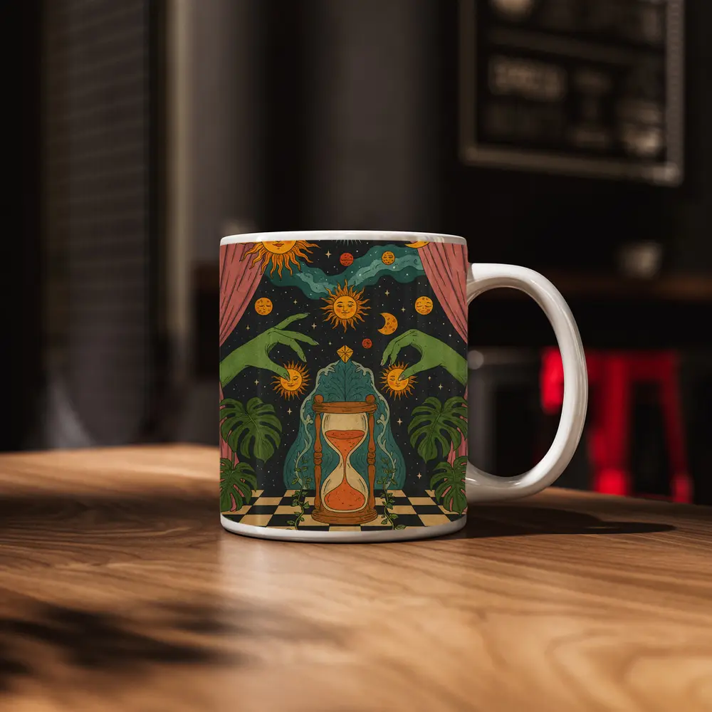 Mystical Hourglass Sun Moon Cosmic Art – Mugs