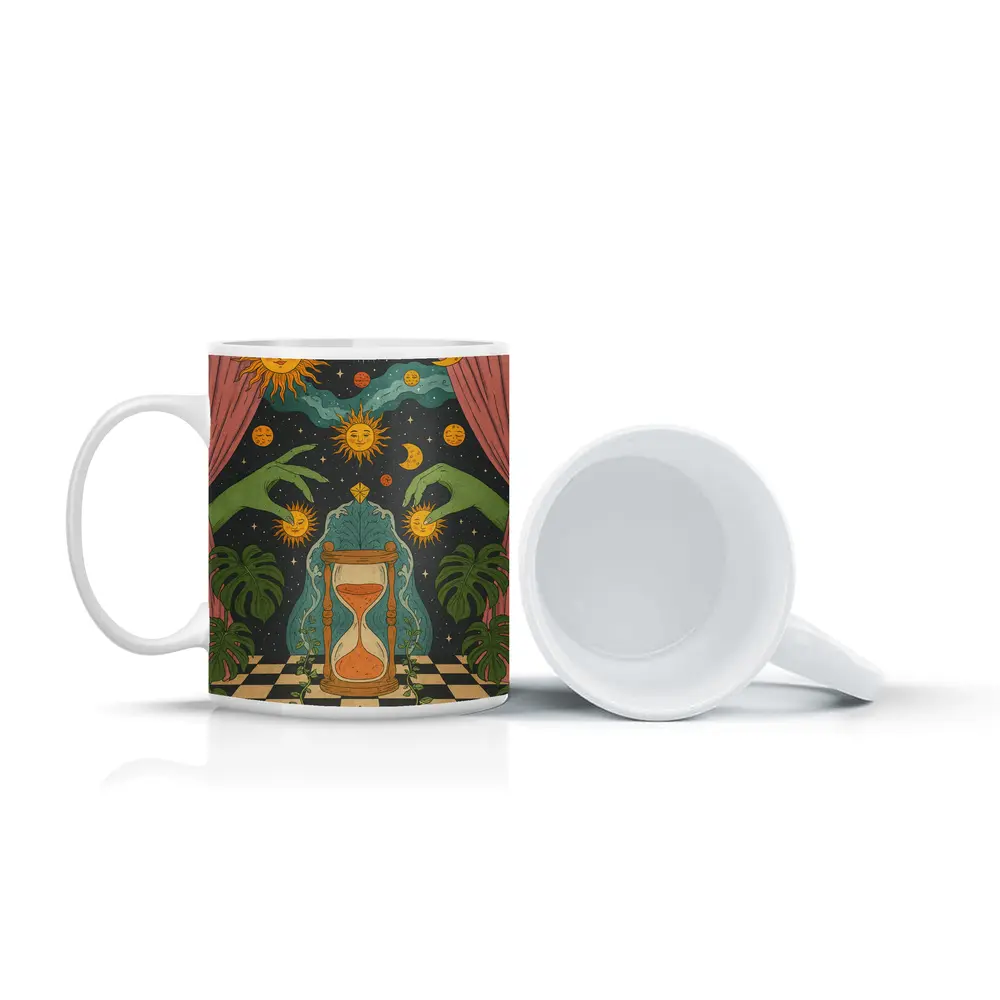 Mystical Hourglass Sun Moon Cosmic Art – Mugs