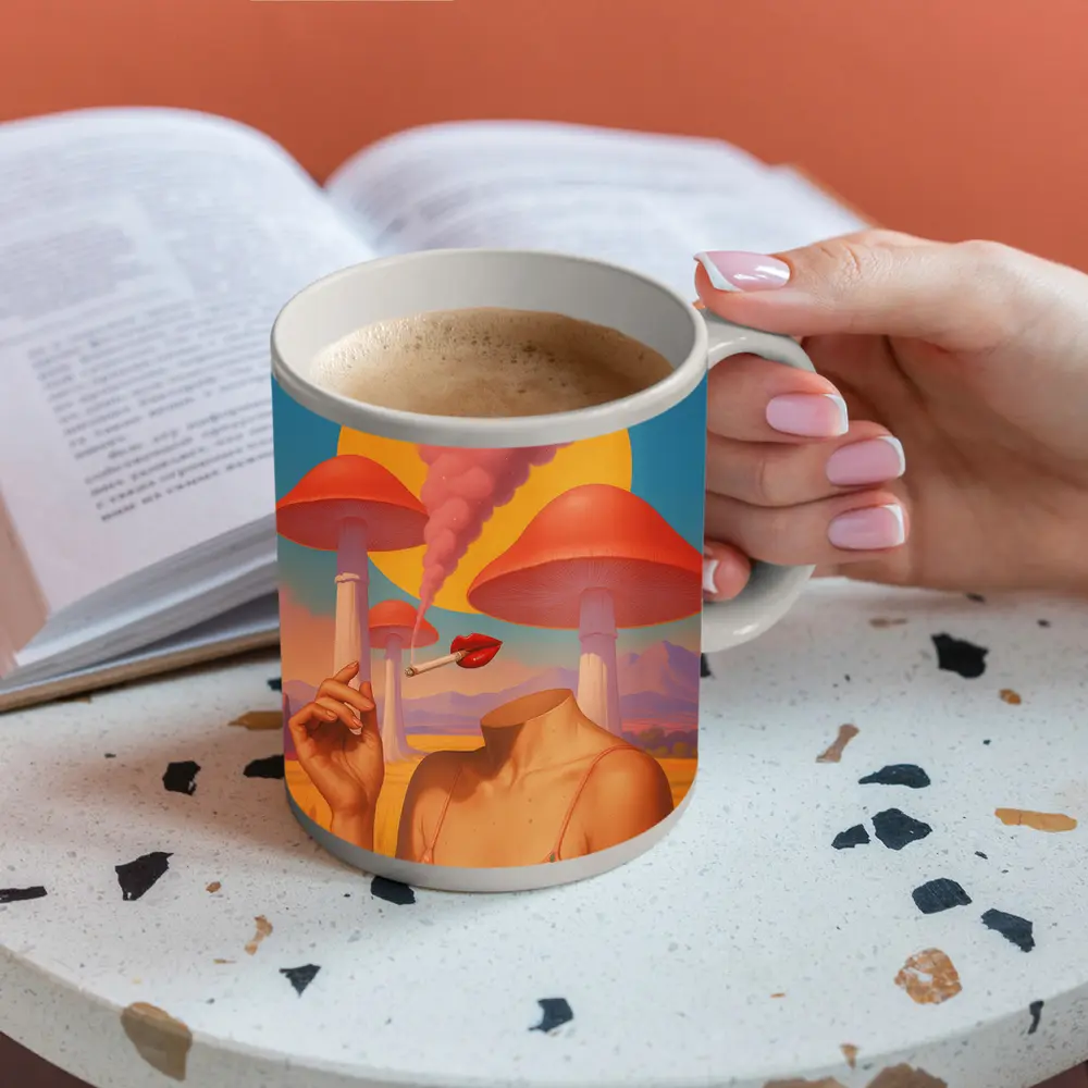Surreal Woman Mushroom Desert Landscape Art – Mugs