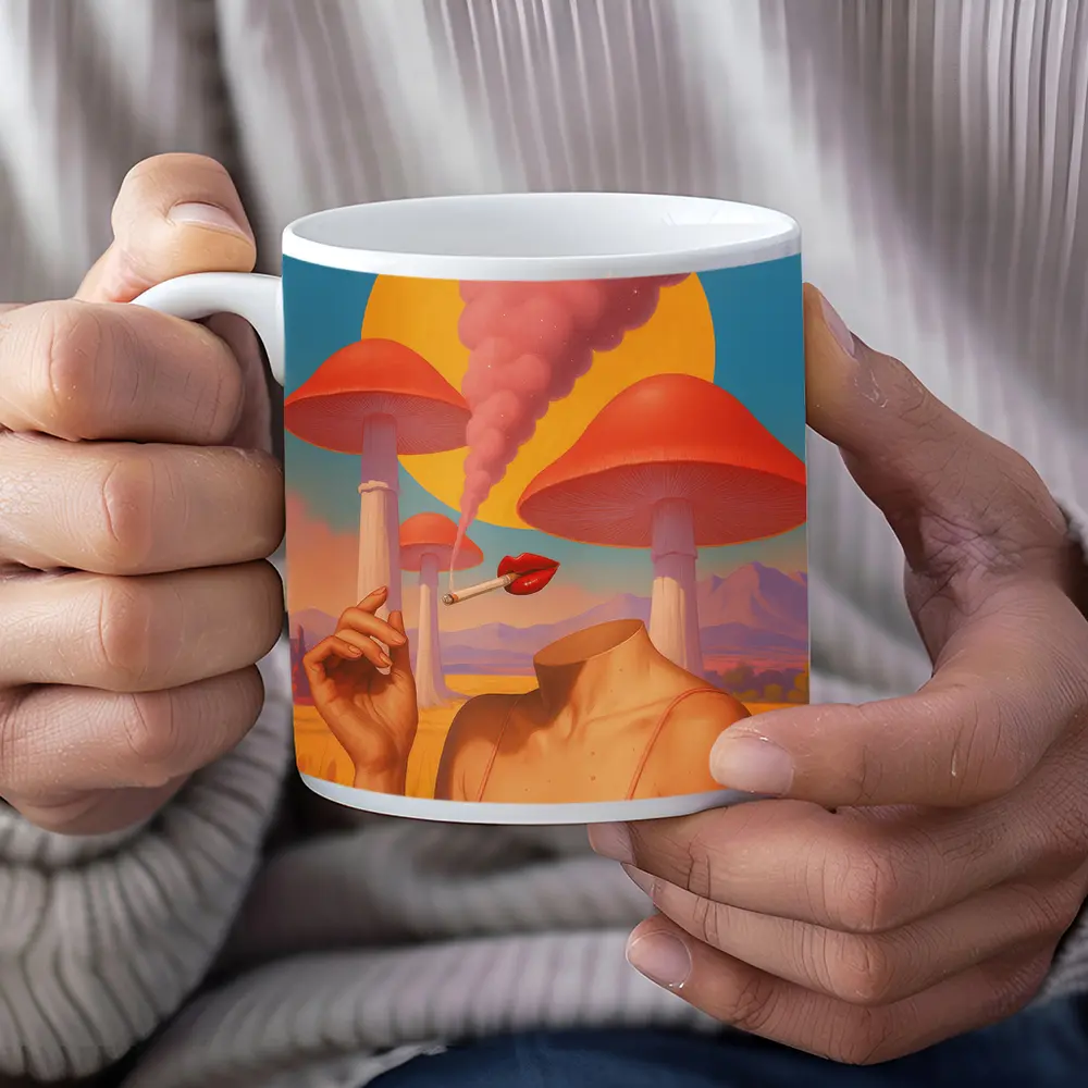 Surreal Woman Mushroom Desert Landscape Art – Mugs