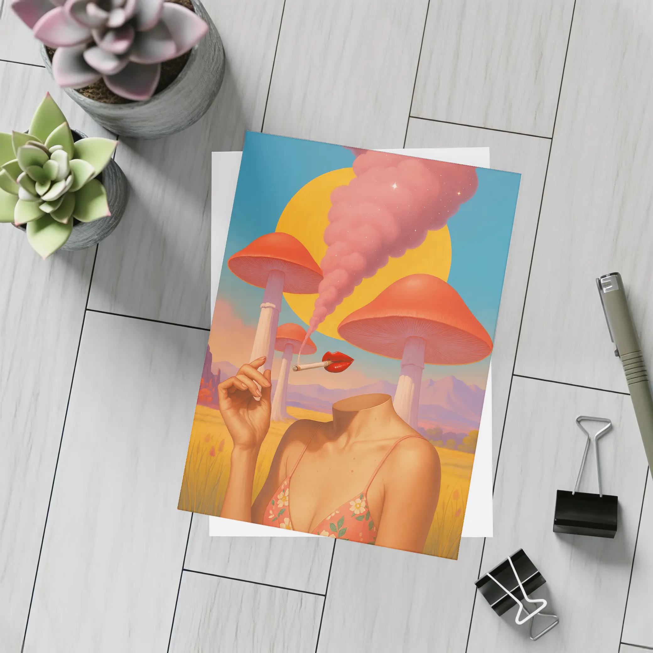 Surreal Woman Mushroom Desert Landscape Art – Postcards