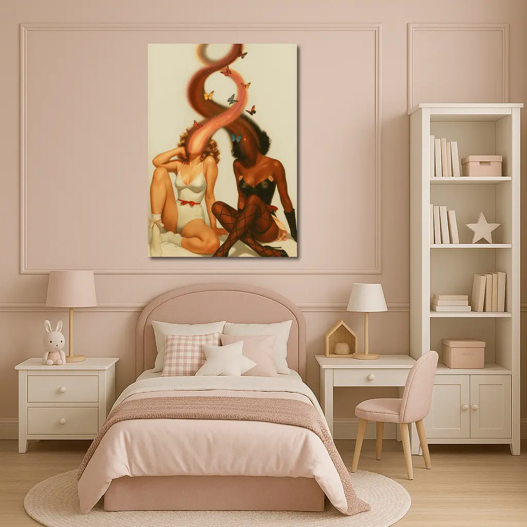 Two Women With Butterflies Retro Illustration – Wall Art