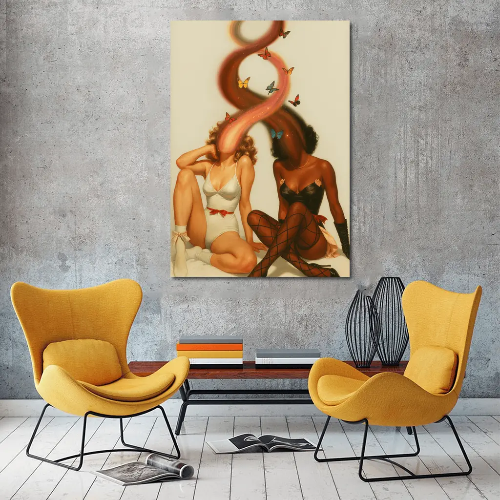 Two Women With Butterflies Retro Illustration – Wall Art