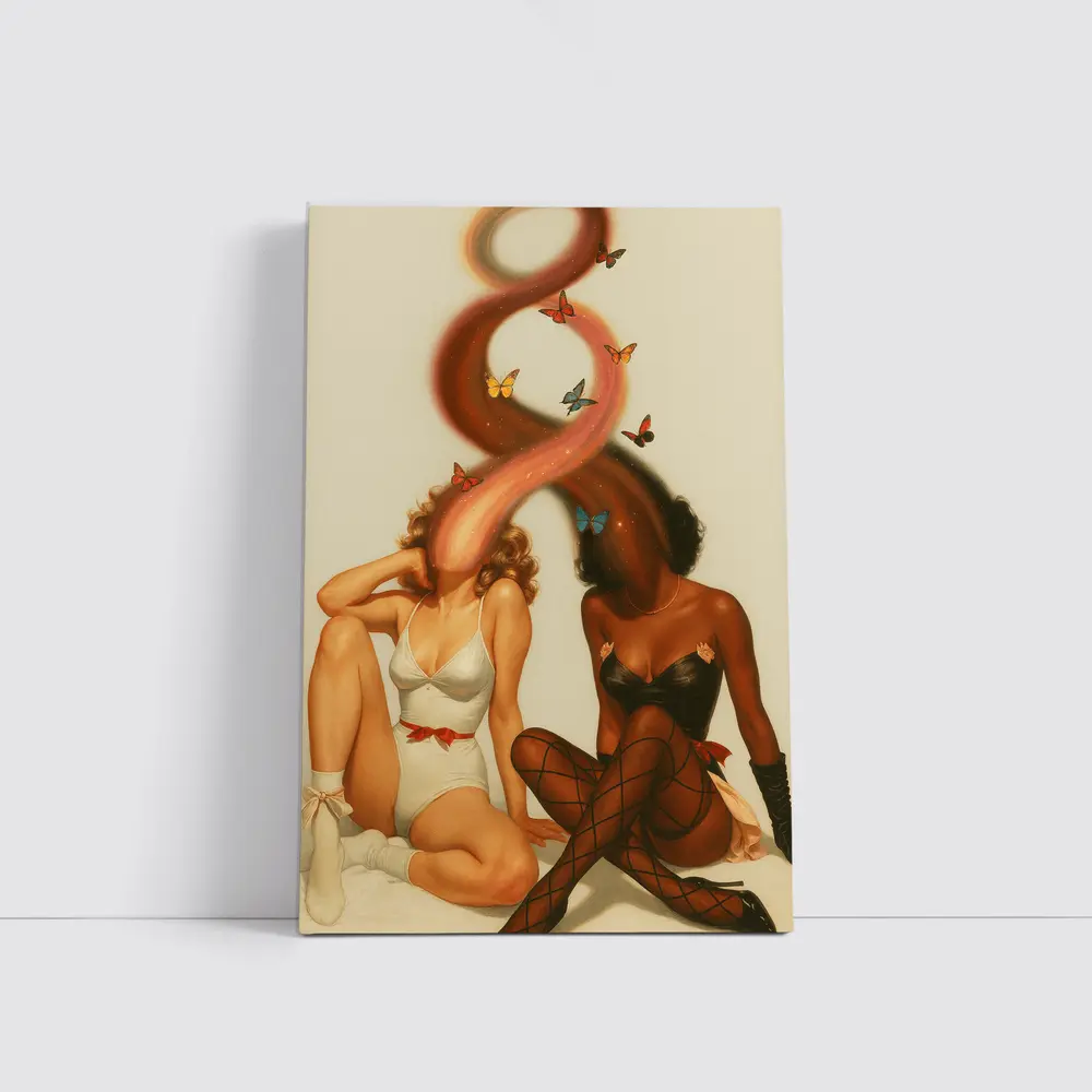 Two Women With Butterflies Retro Illustration – Wall Art