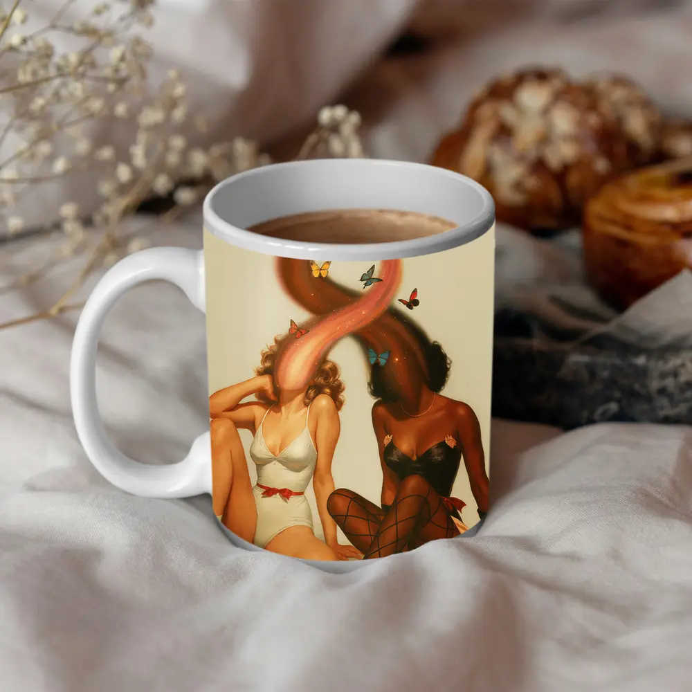 Two Women With Butterflies Retro Illustration – Mugs