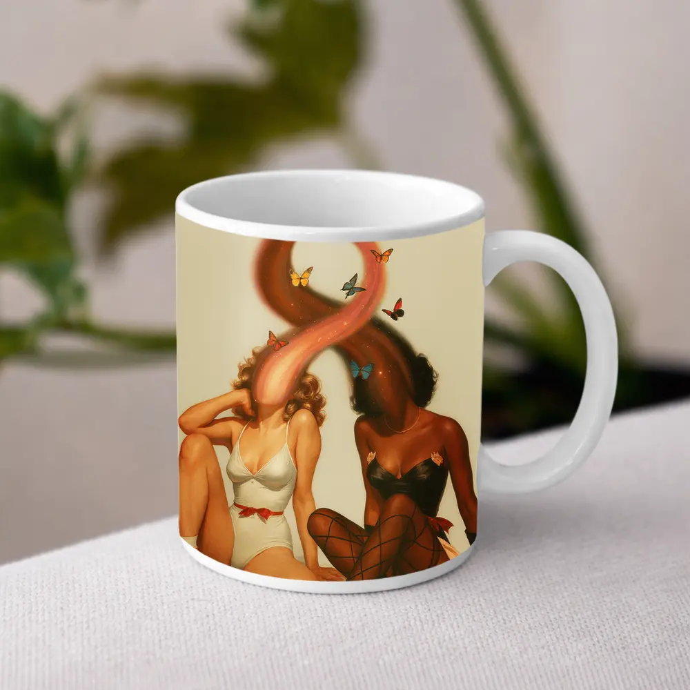 Two Women With Butterflies Retro Illustration – Mugs