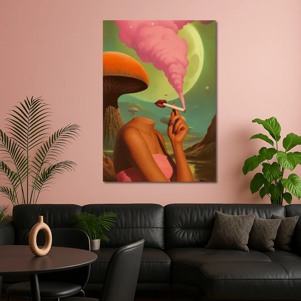 Surreal Woman Smoking Giant Mushroom Planet – Wall Art