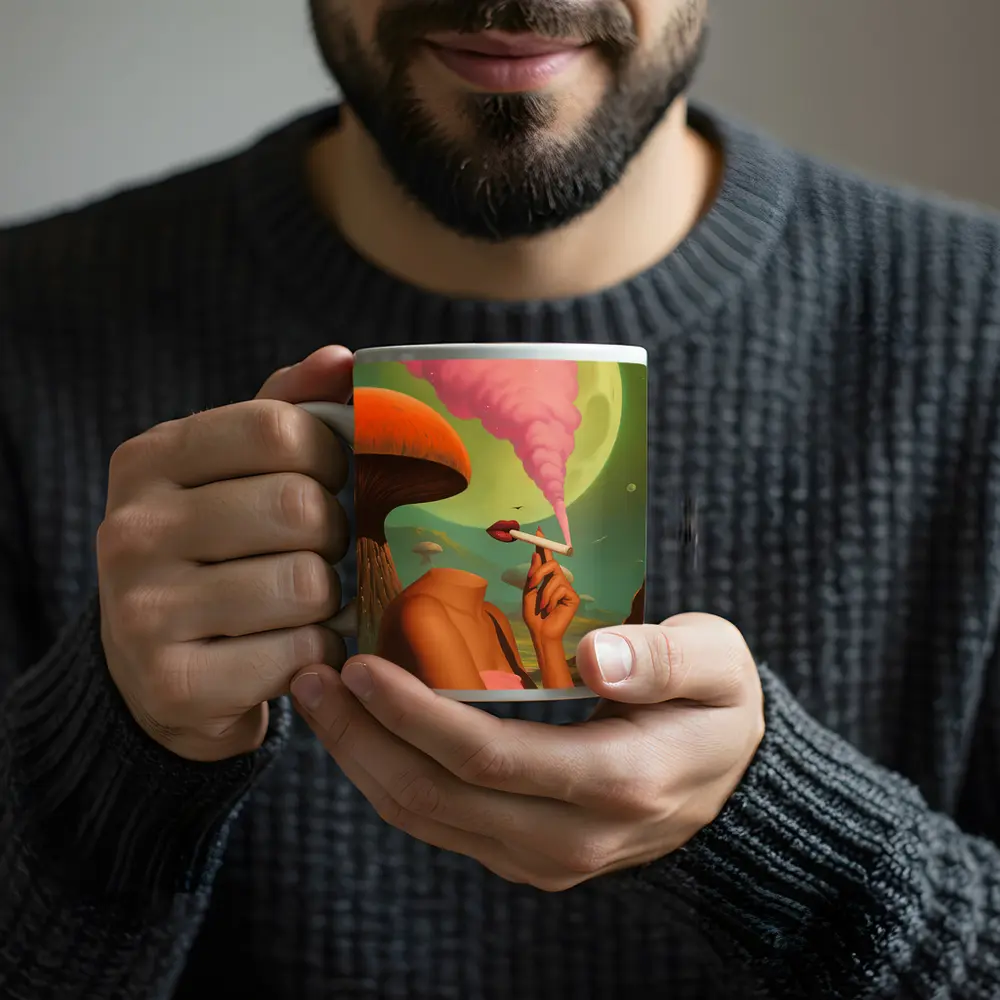 Surreal Woman Smoking Giant Mushroom Planet – Mugs
