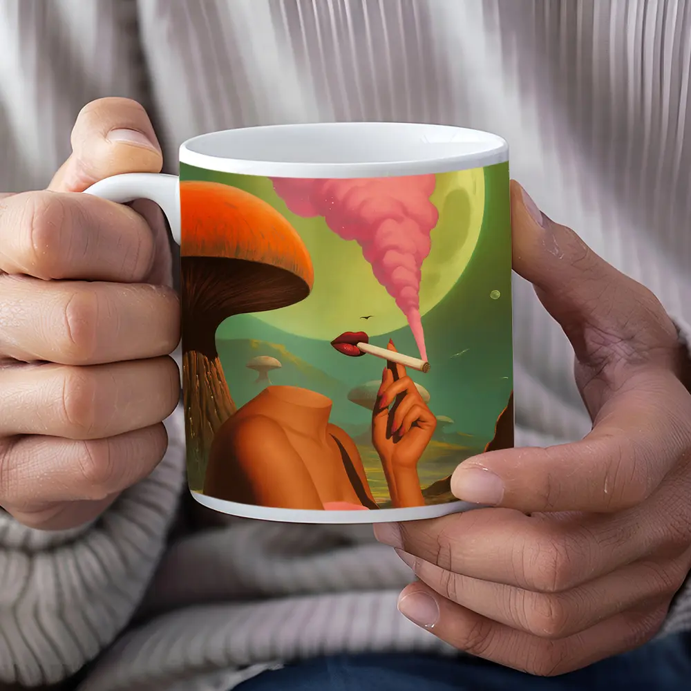 Surreal Woman Smoking Giant Mushroom Planet – Mugs