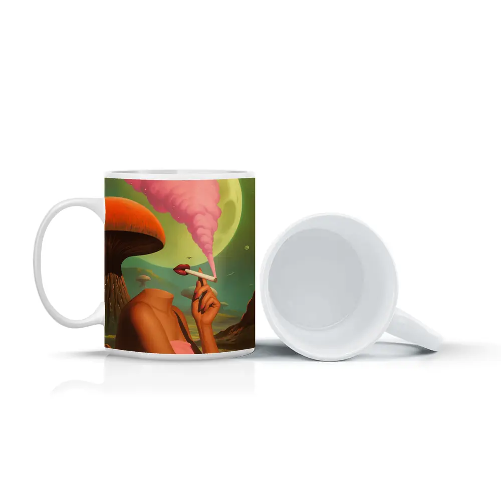Surreal Woman Smoking Giant Mushroom Planet – Mugs