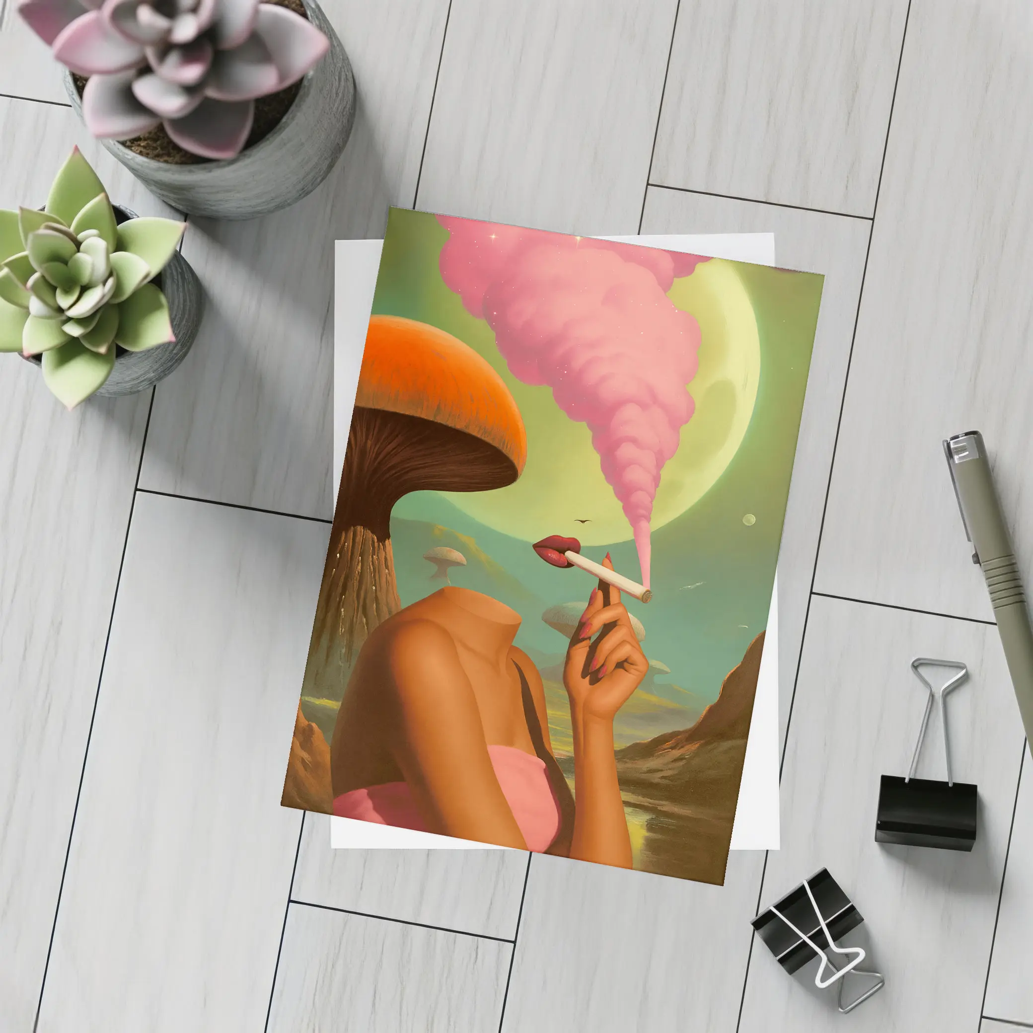 Surreal Woman Smoking Giant Mushroom Planet – Postcards