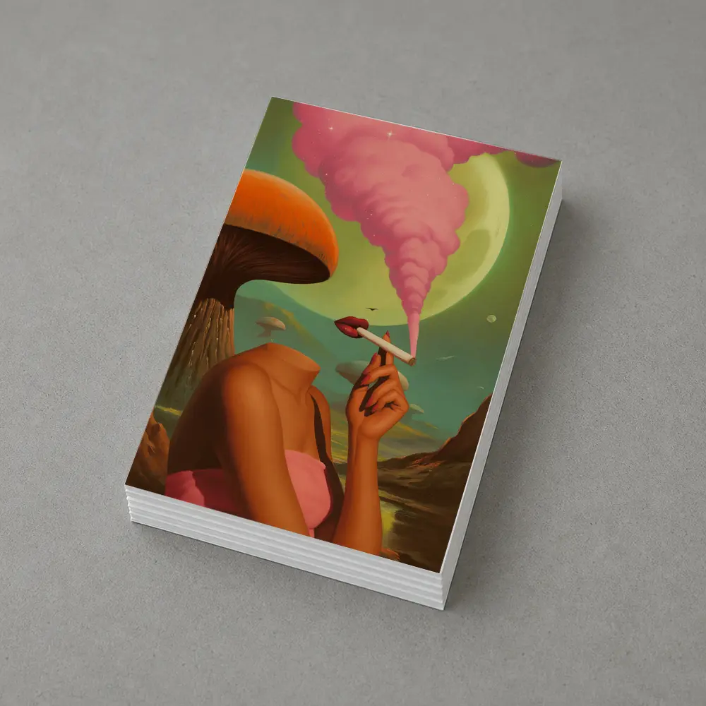 Surreal Woman Smoking Giant Mushroom Planet – Postcards