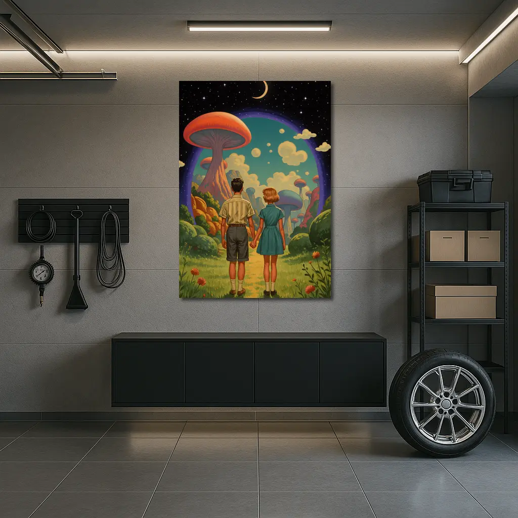 Retro Couple Holding Hands Surreal Mushroom Landscape – Wall Art