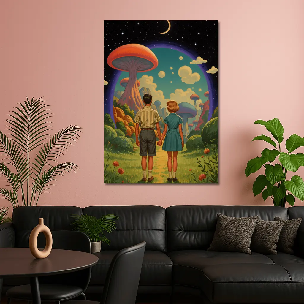 Retro Couple Holding Hands Surreal Mushroom Landscape – Wall Art