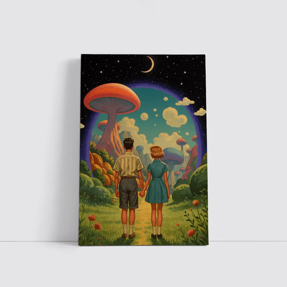 Retro Couple Holding Hands Surreal Mushroom Landscape – Wall Art