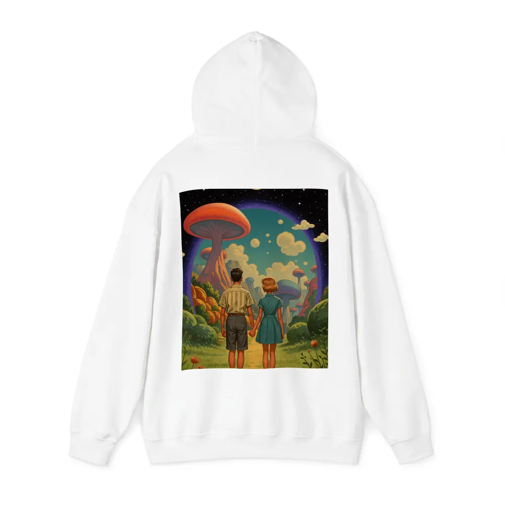 Retro Couple Holding Hands Surreal Mushroom Landscape – Hoodies