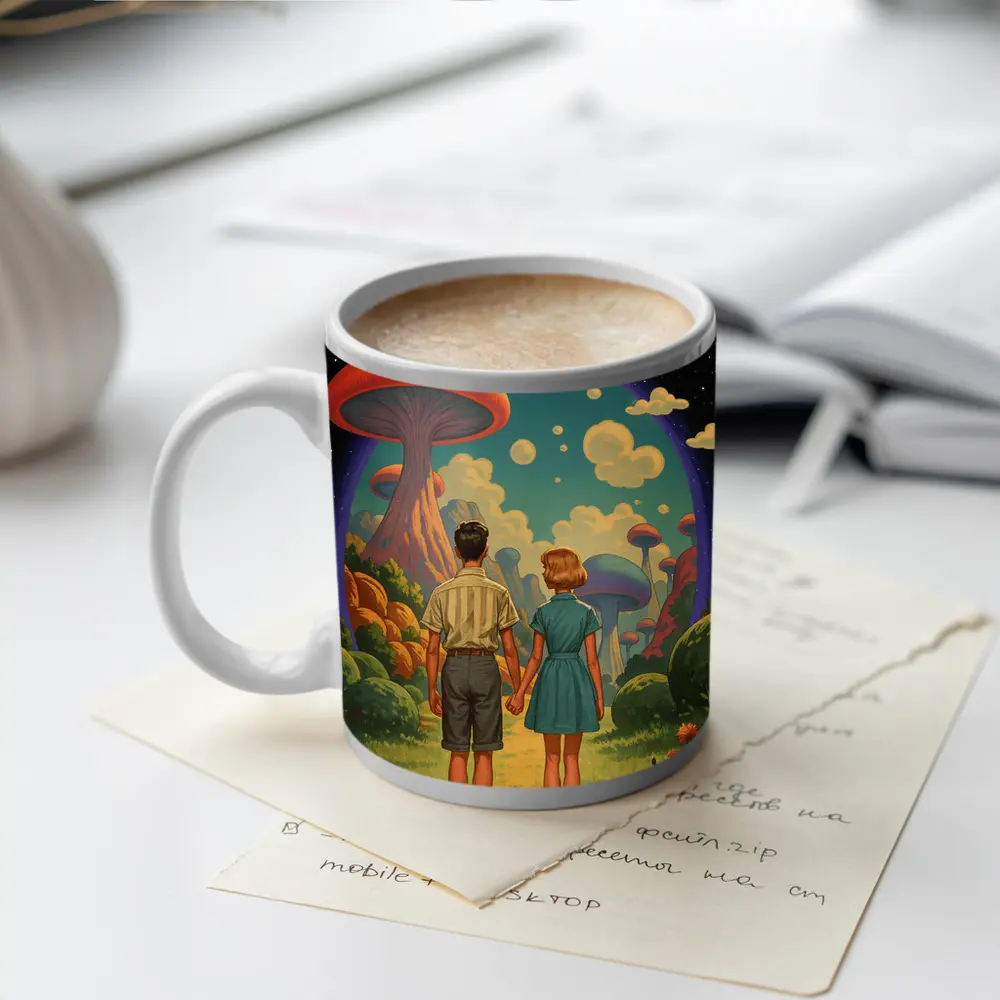 Retro Couple Holding Hands Surreal Mushroom Landscape – Mugs