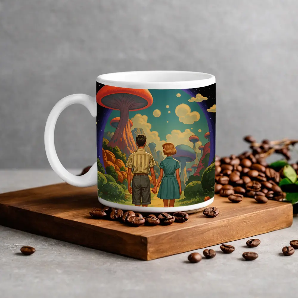 Retro Couple Holding Hands Surreal Mushroom Landscape – Mugs