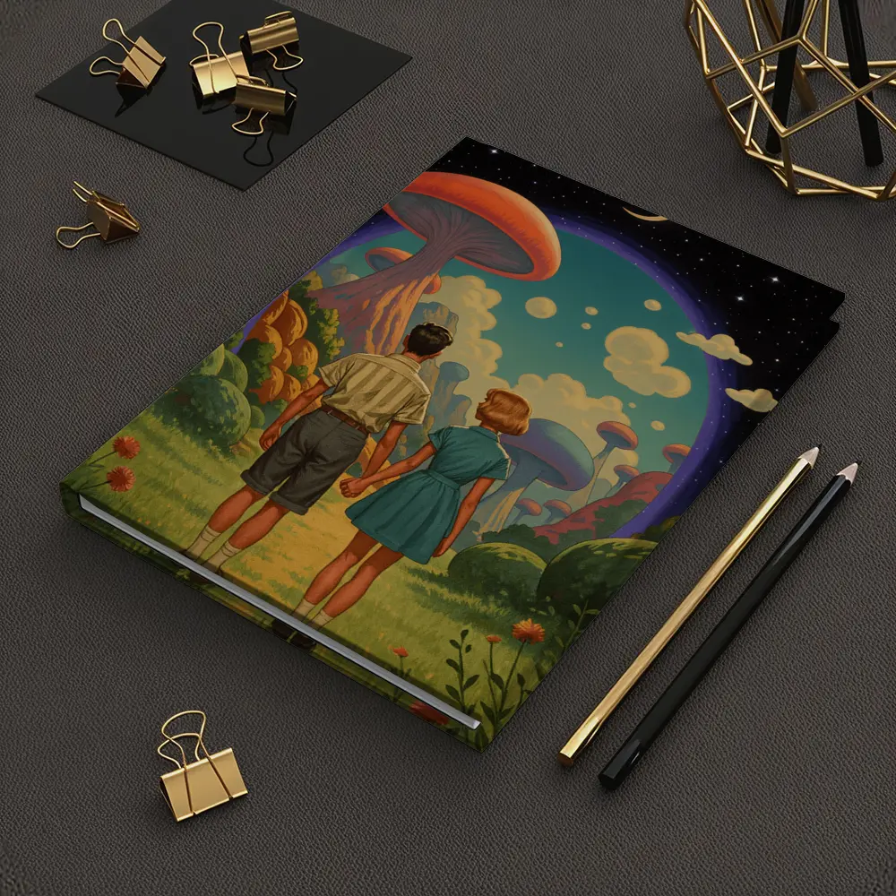 Retro Couple Holding Hands Surreal Mushroom Landscape – Notebooks