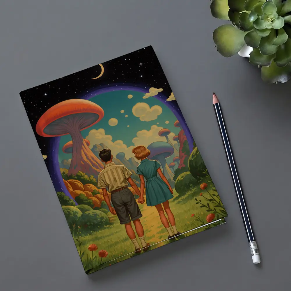 Retro Couple Holding Hands Surreal Mushroom Landscape – Notebooks
