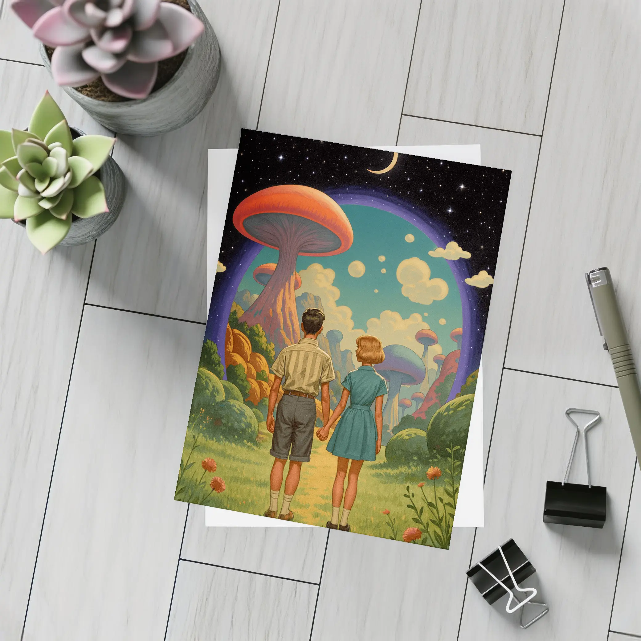 Retro Couple Holding Hands Surreal Mushroom Landscape – Postcards
