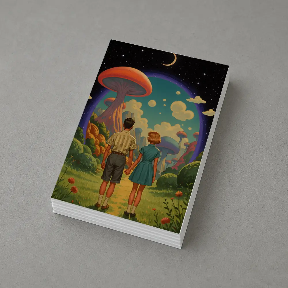 Retro Couple Holding Hands Surreal Mushroom Landscape – Postcards