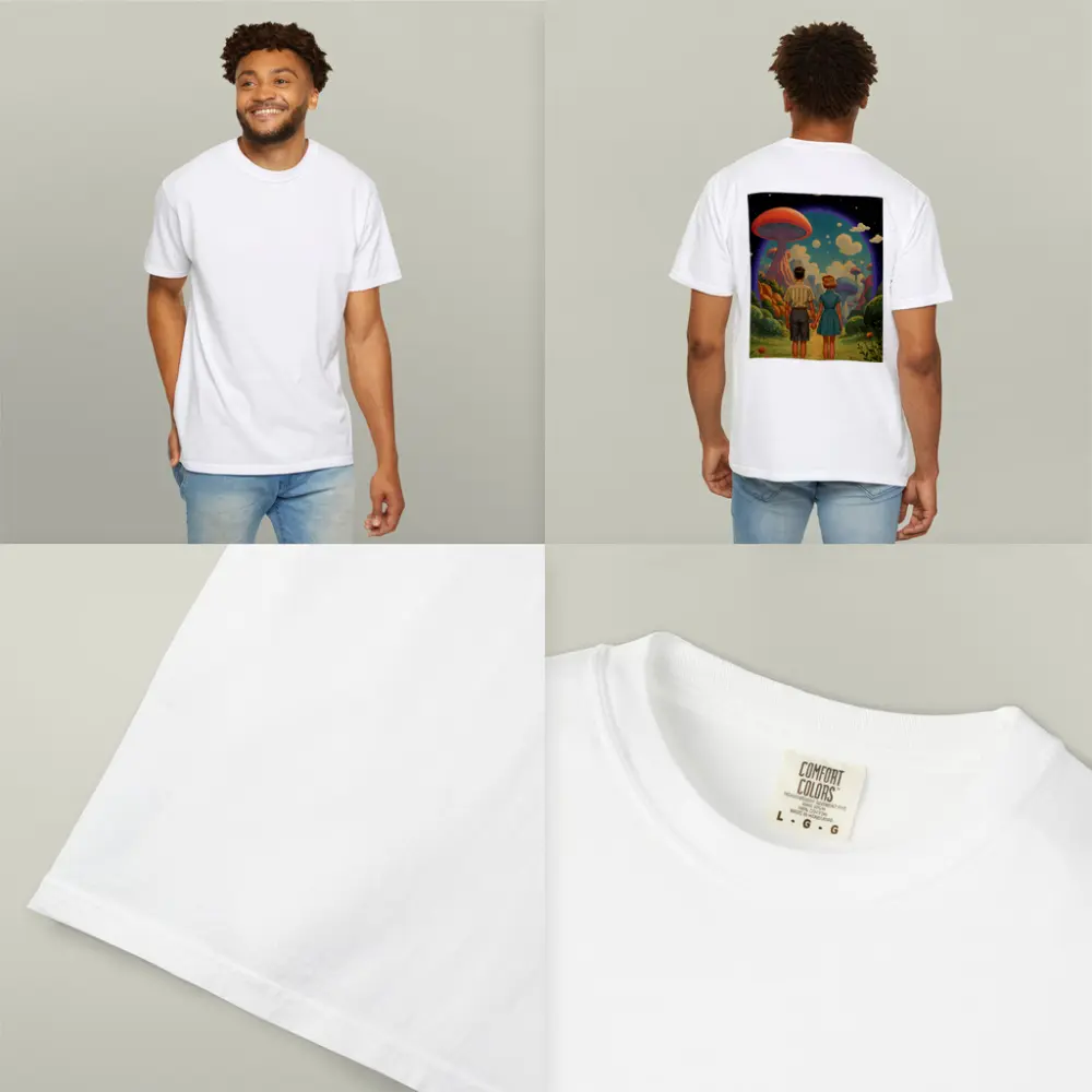 Retro Couple Holding Hands Surreal Mushroom Landscape – T-Shirts