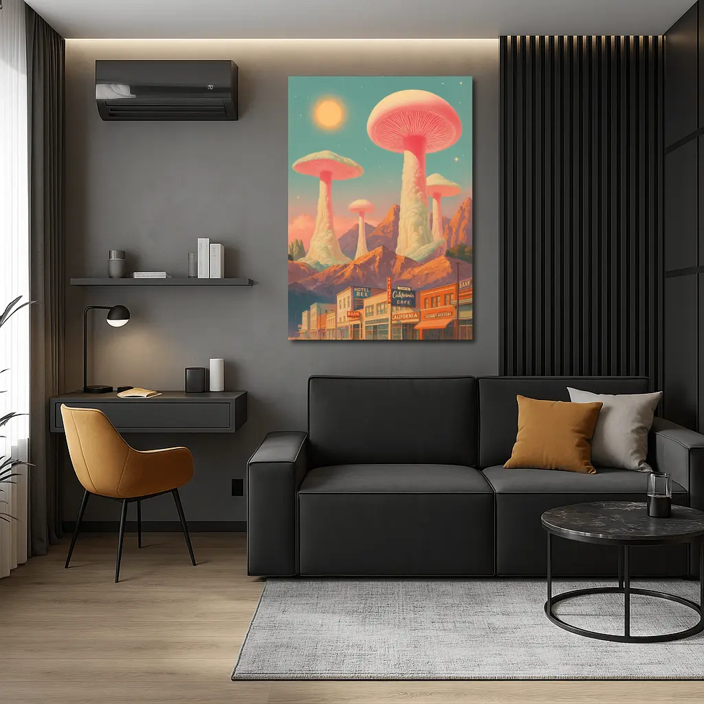 Giant Mushrooms Over Retro California Desert Town – Wall Art