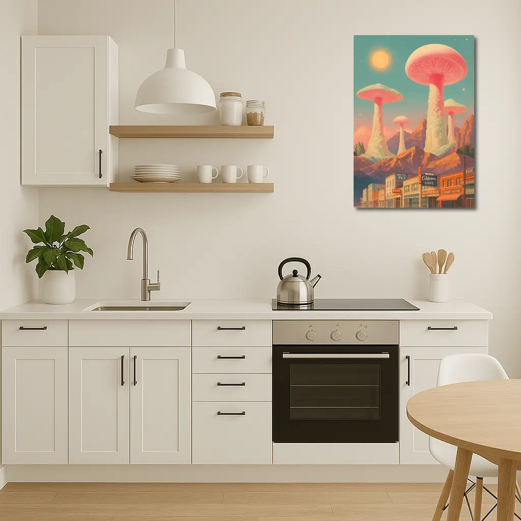 Giant Mushrooms Over Retro California Desert Town – Wall Art