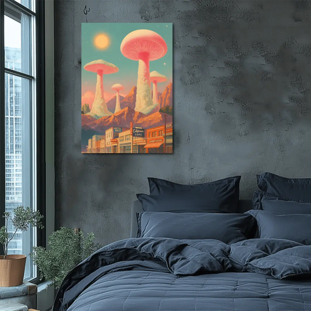 Giant Mushrooms Over Retro California Desert Town – Wall Art