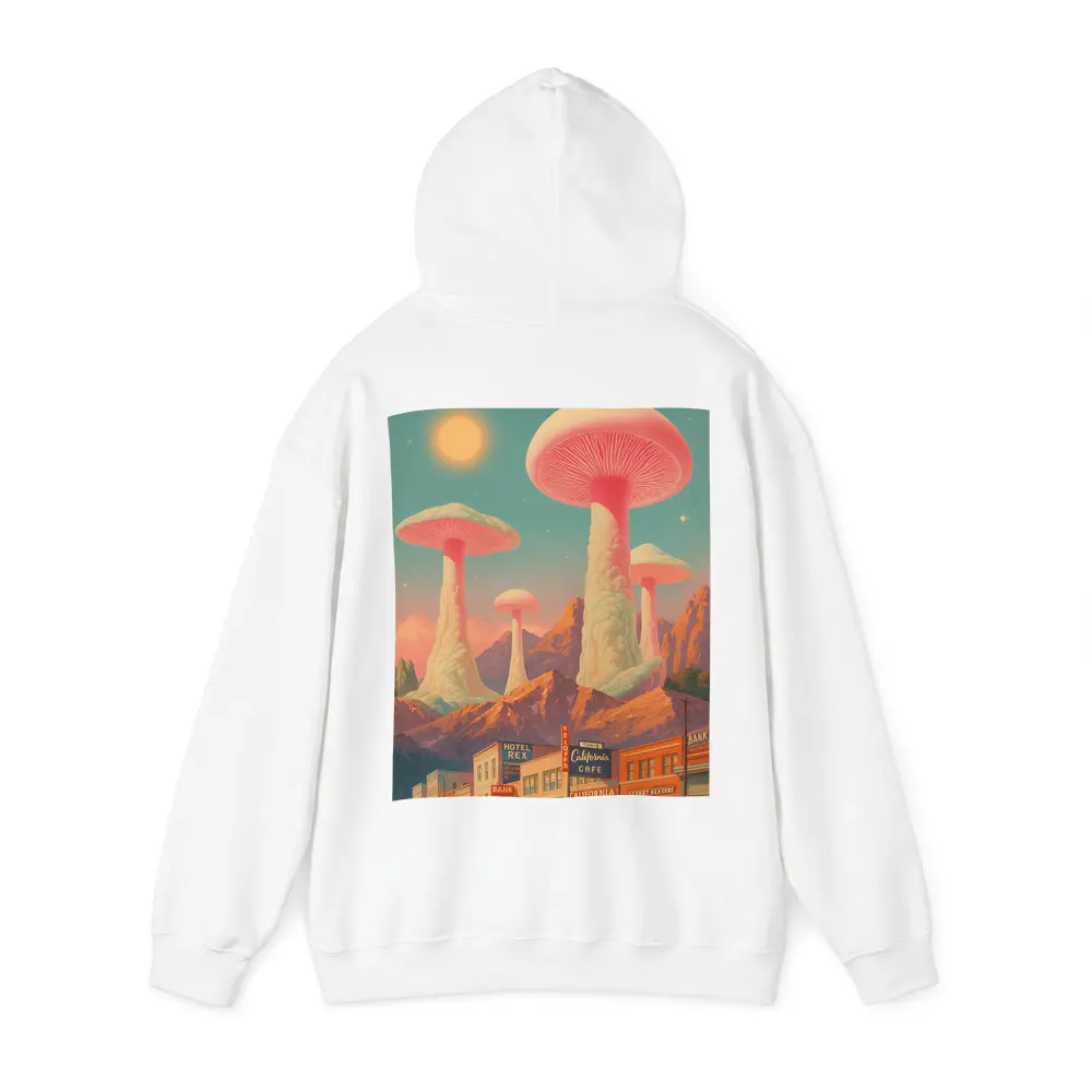 Giant Mushrooms Over Retro California Desert Town – Hoodies